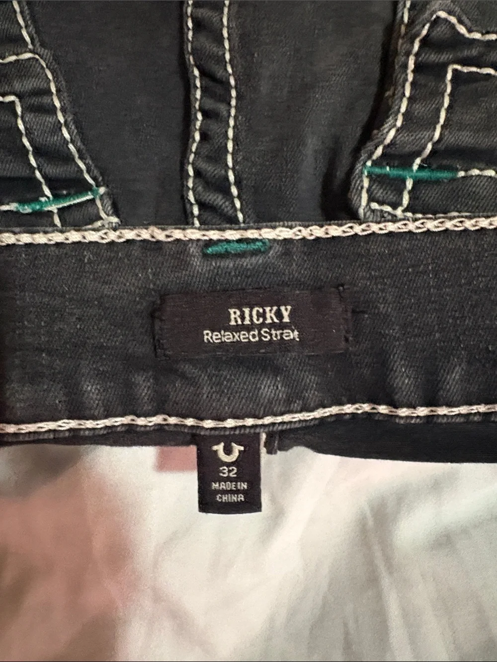 True Religion Men's Black Relaxed Jeans with Green Stitching